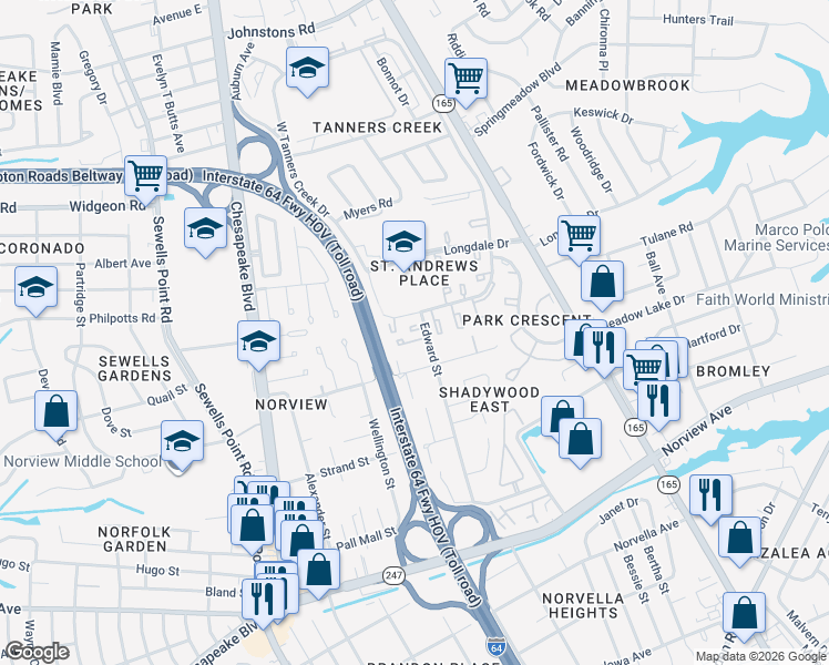 map of restaurants, bars, coffee shops, grocery stores, and more near 6455 Edward Street in Norfolk