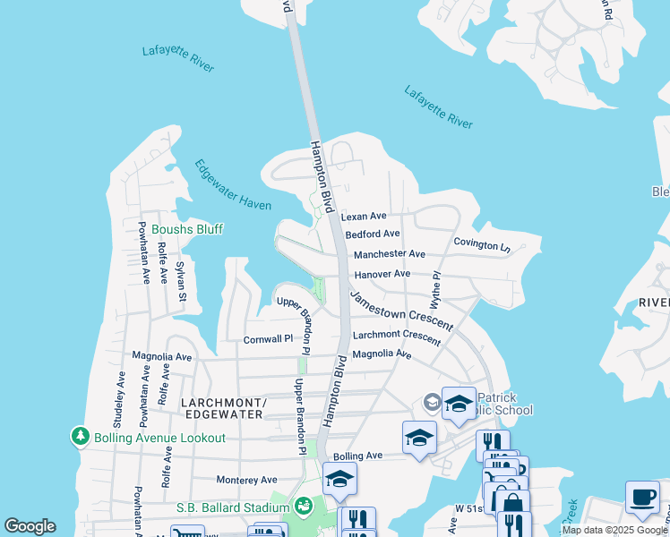map of restaurants, bars, coffee shops, grocery stores, and more near 6205 Hampton Boulevard in Norfolk