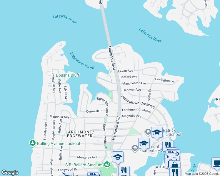 map of restaurants, bars, coffee shops, grocery stores, and more near 1236 Richmond Crescent in Norfolk