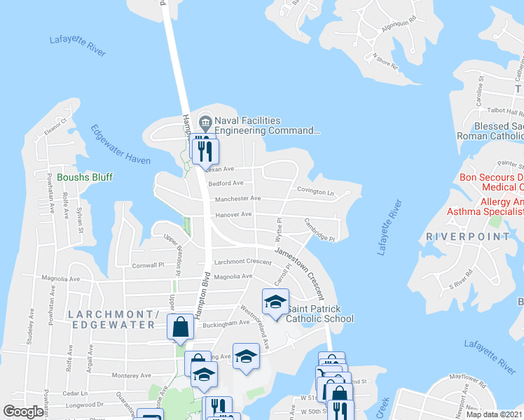 map of restaurants, bars, coffee shops, grocery stores, and more near 1056 Hanover Avenue in Norfolk