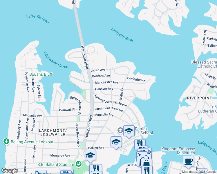 map of restaurants, bars, coffee shops, grocery stores, and more near 1104 Hanover Avenue in Norfolk