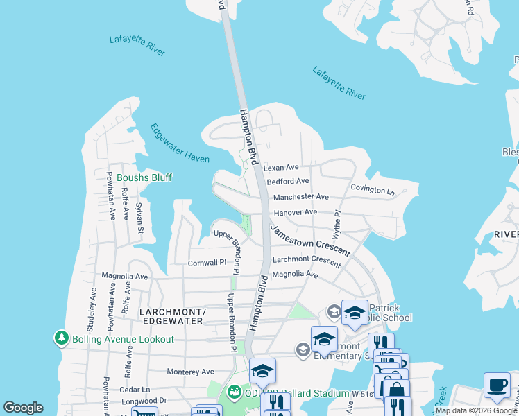 map of restaurants, bars, coffee shops, grocery stores, and more near 6205 Hampton Boulevard in Norfolk