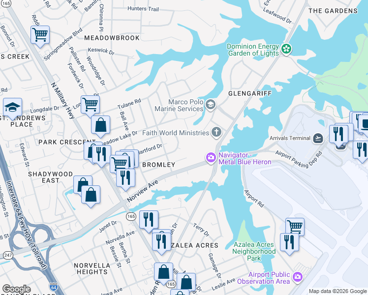 map of restaurants, bars, coffee shops, grocery stores, and more near 1925 South Lakeland Drive in Norfolk