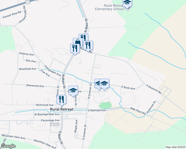 map of restaurants, bars, coffee shops, grocery stores, and more near 301 Chestnut Avenue in Rural Retreat