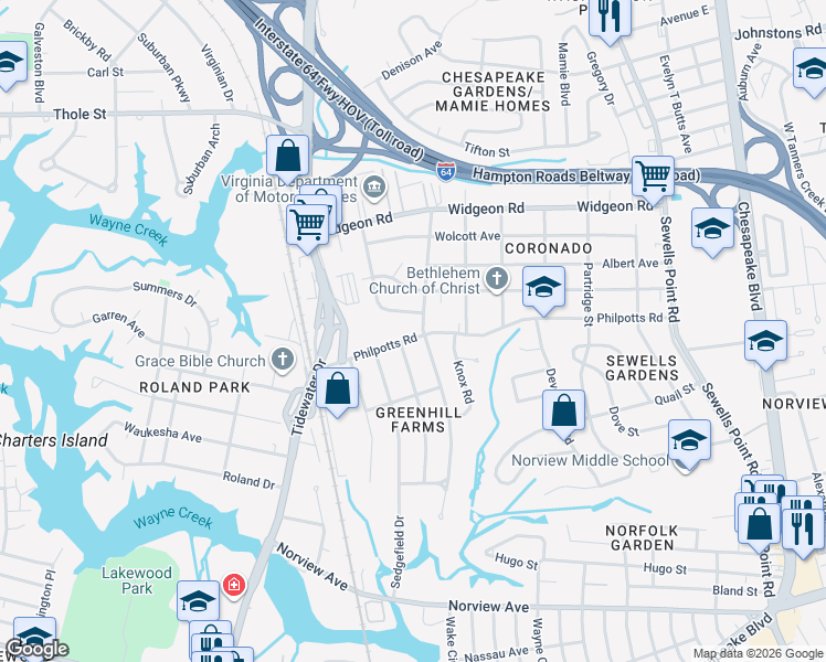 map of restaurants, bars, coffee shops, grocery stores, and more near 880 Philpotts Road in Norfolk