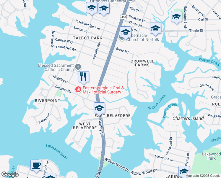 map of restaurants, bars, coffee shops, grocery stores, and more near 117 Beverly Avenue in Norfolk