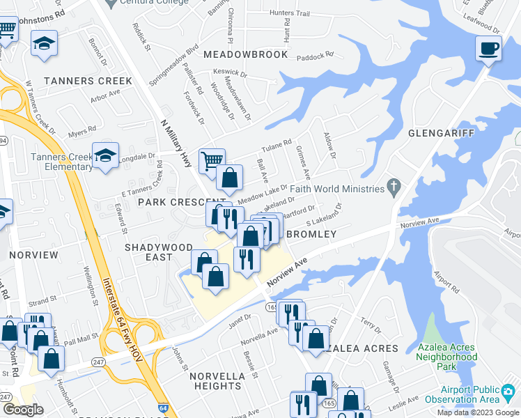 map of restaurants, bars, coffee shops, grocery stores, and more near 1736 North Lakeland Drive in Norfolk