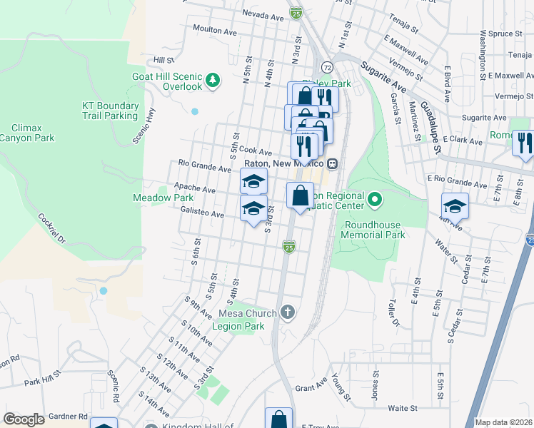 map of restaurants, bars, coffee shops, grocery stores, and more near 300-398 Galisteo Ave in Raton