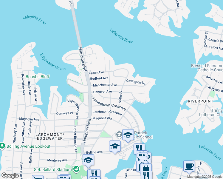 map of restaurants, bars, coffee shops, grocery stores, and more near 6200 Monroe Place in Norfolk
