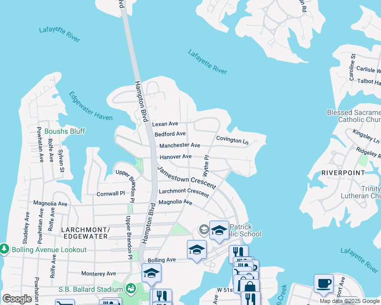 map of restaurants, bars, coffee shops, grocery stores, and more near 6200 Monroe Place in Norfolk