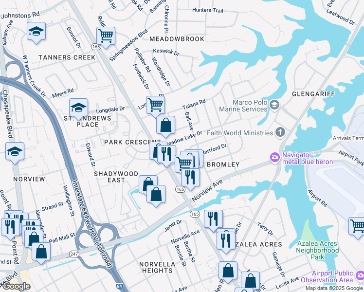 map of restaurants, bars, coffee shops, grocery stores, and more near 1726 North Lakeland Drive in Norfolk