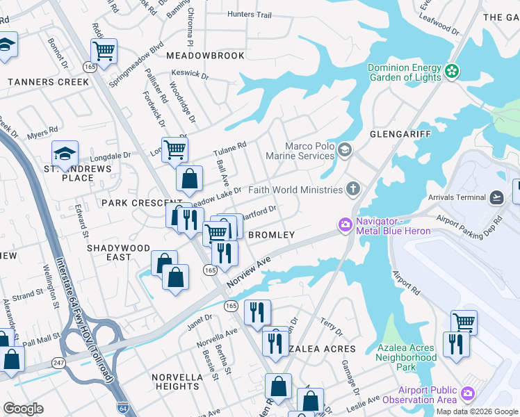 map of restaurants, bars, coffee shops, grocery stores, and more near 1820 Hartford Drive in Norfolk