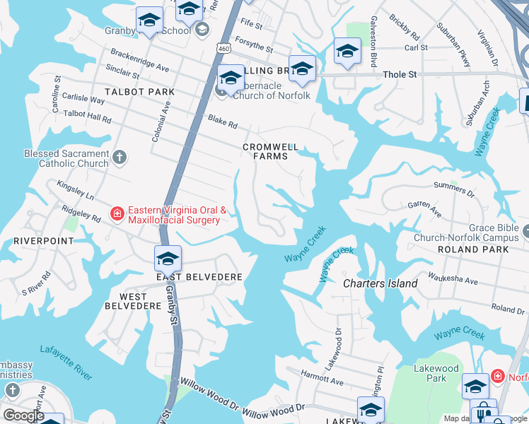 map of restaurants, bars, coffee shops, grocery stores, and more near 287 Sir Oliver Road in Norfolk