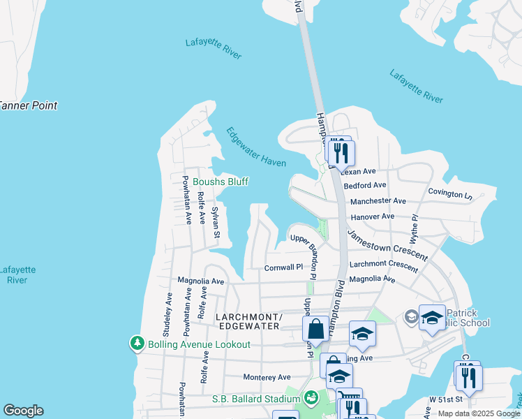 map of restaurants, bars, coffee shops, grocery stores, and more near 6160 Westwood Terrace in Norfolk