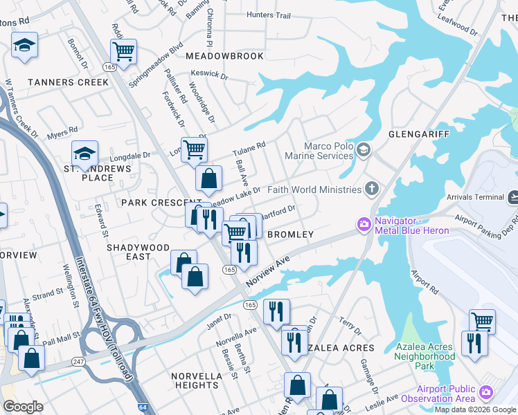 map of restaurants, bars, coffee shops, grocery stores, and more near 6304 Ball Avenue in Norfolk