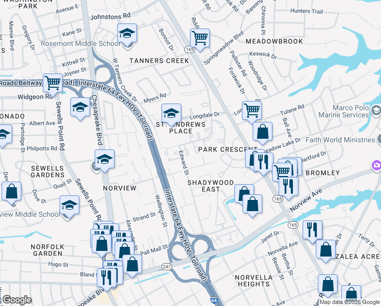 map of restaurants, bars, coffee shops, grocery stores, and more near 1369 East Tanners Creek Drive in Norfolk