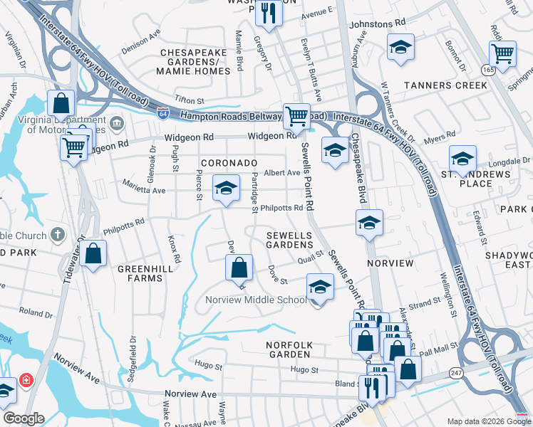 map of restaurants, bars, coffee shops, grocery stores, and more near 1009 Philpotts Road in Norfolk