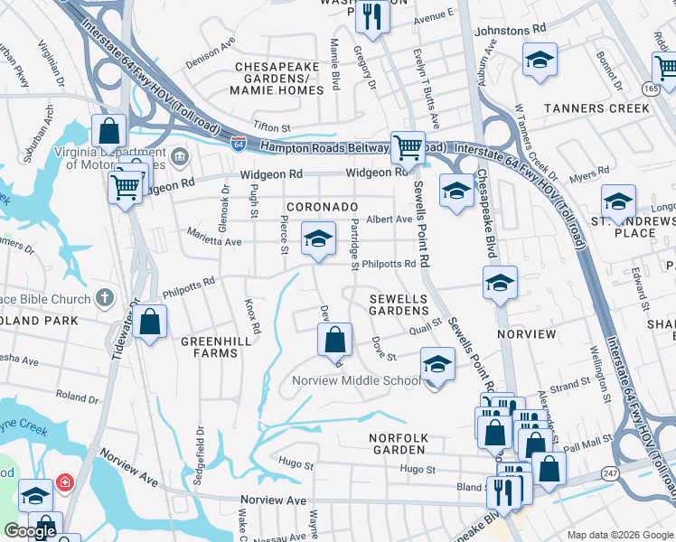 map of restaurants, bars, coffee shops, grocery stores, and more near 983 Philpotts Road in Norfolk