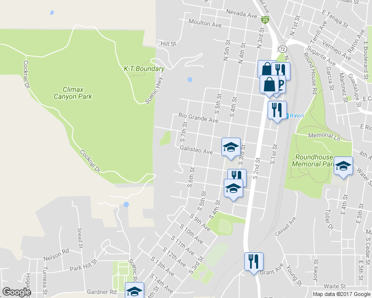map of restaurants, bars, coffee shops, grocery stores, and more near 641 Galisteo Avenue in Raton