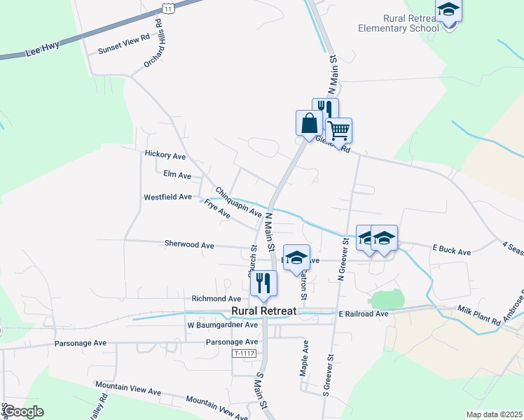 map of restaurants, bars, coffee shops, grocery stores, and more near 117-161 Chinquapin Avenue in Rural Retreat
