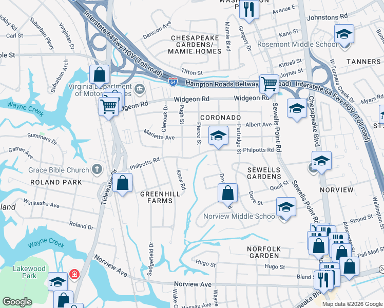 map of restaurants, bars, coffee shops, grocery stores, and more near 934 Philpotts Road in Norfolk