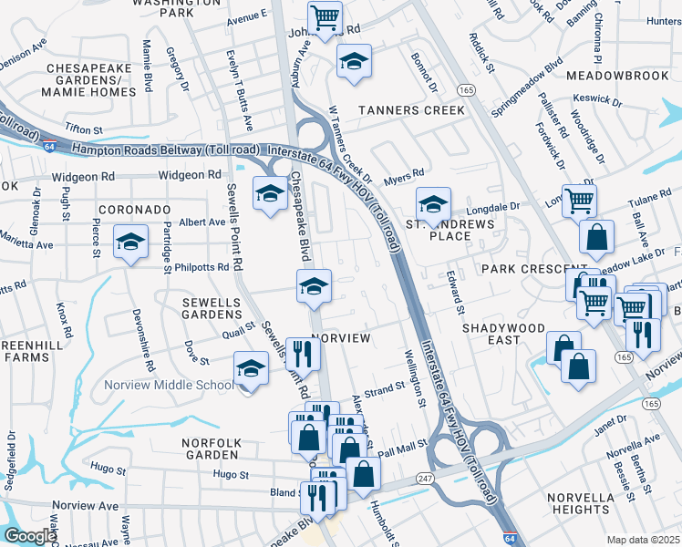map of restaurants, bars, coffee shops, grocery stores, and more near 1232 Bunsen Court in Norfolk