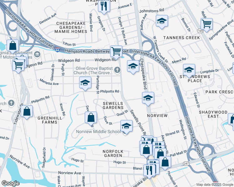 map of restaurants, bars, coffee shops, grocery stores, and more near 6462 Palem Road in Norfolk