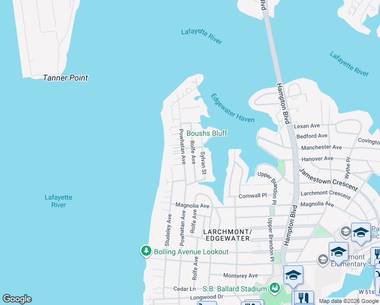 map of restaurants, bars, coffee shops, grocery stores, and more near 6147 Powhatan Avenue in Norfolk