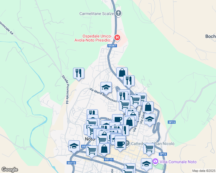 map of restaurants, bars, coffee shops, grocery stores, and more near 16 Via Benvenuti in Noto