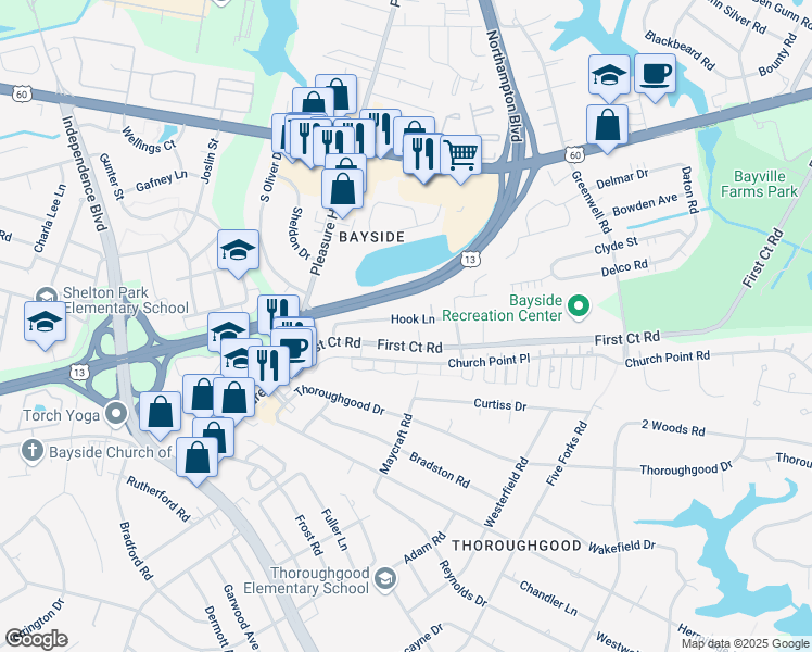 map of restaurants, bars, coffee shops, grocery stores, and more near 4729 Hook Lane in Virginia Beach