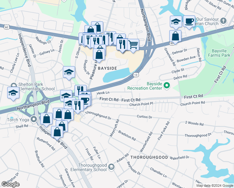 map of restaurants, bars, coffee shops, grocery stores, and more near 4729 Hook Lane in Virginia Beach