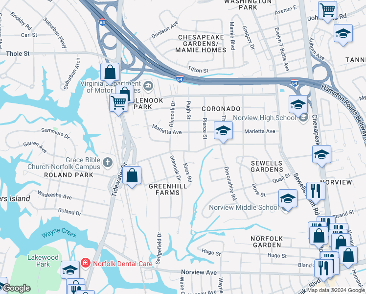 map of restaurants, bars, coffee shops, grocery stores, and more near 914 Philpotts Road in Norfolk