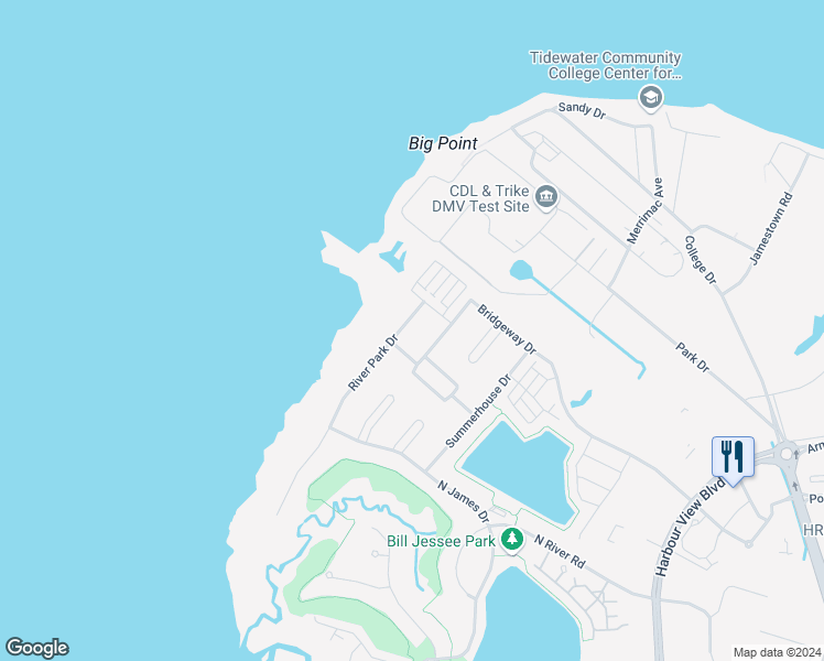 map of restaurants, bars, coffee shops, grocery stores, and more near 4124 River Park Drive in Suffolk