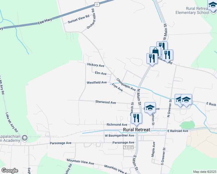 map of restaurants, bars, coffee shops, grocery stores, and more near 301 Westfield Avenue in Rural Retreat