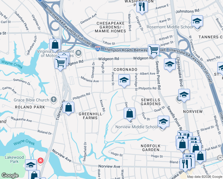 map of restaurants, bars, coffee shops, grocery stores, and more near 934 Philpotts Road in Norfolk