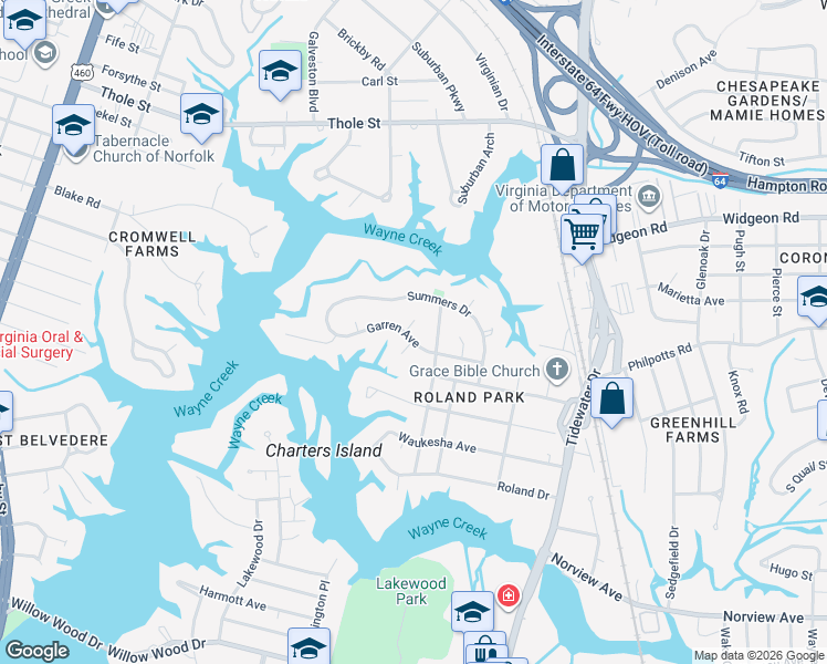 map of restaurants, bars, coffee shops, grocery stores, and more near 570 Garren Avenue in Norfolk