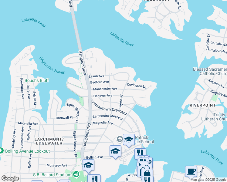 map of restaurants, bars, coffee shops, grocery stores, and more near 1044 Hanover Avenue in Norfolk