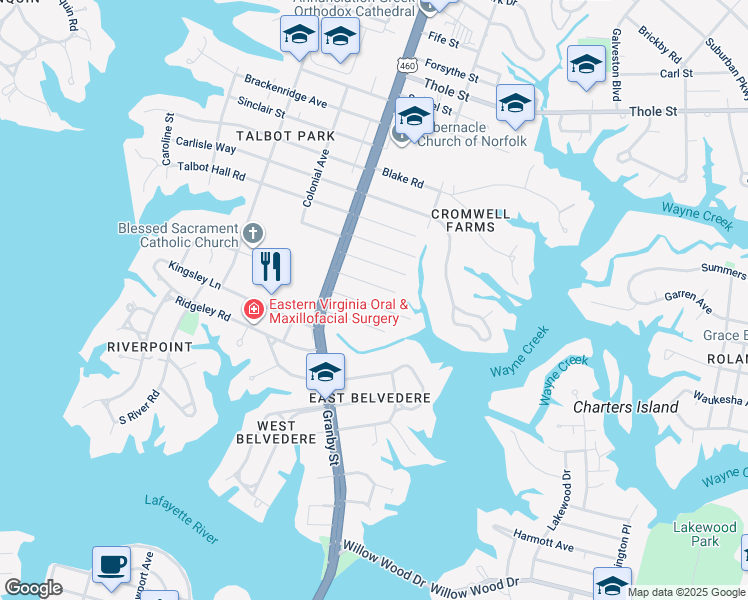map of restaurants, bars, coffee shops, grocery stores, and more near 122 Beverly Avenue in Norfolk