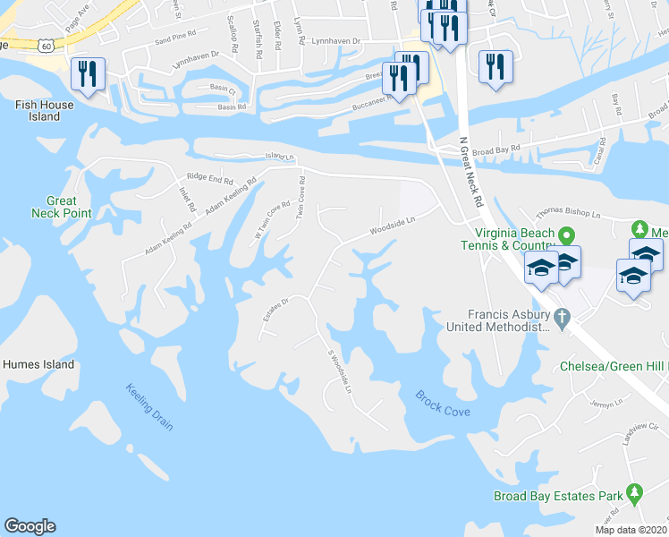 map of restaurants, bars, coffee shops, grocery stores, and more near 1930 Woodside Lane in Virginia Beach