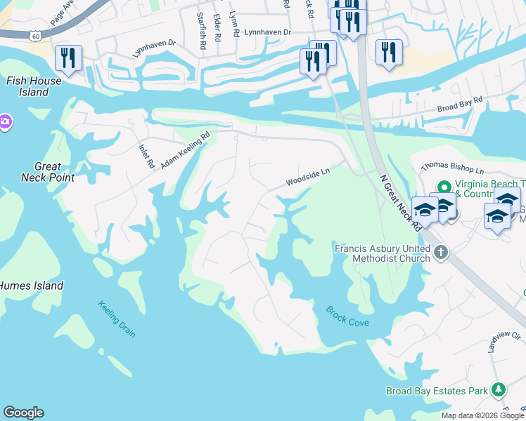map of restaurants, bars, coffee shops, grocery stores, and more near 1930 Woodside Lane in Virginia Beach