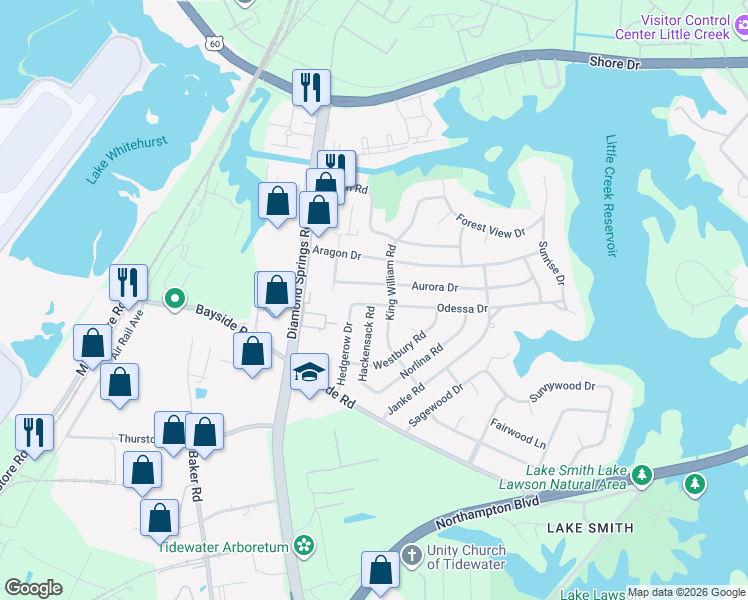 map of restaurants, bars, coffee shops, grocery stores, and more near 5617 Odessa Drive in Virginia Beach