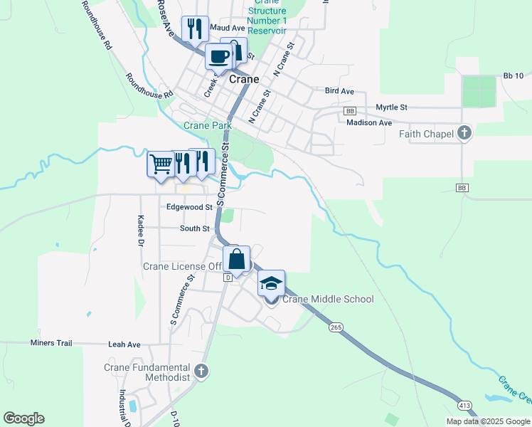 map of restaurants, bars, coffee shops, grocery stores, and more near 213 East Edgewood Avenue in Crane