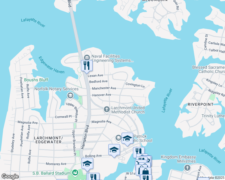 map of restaurants, bars, coffee shops, grocery stores, and more near 1044 Hanover Avenue in Norfolk
