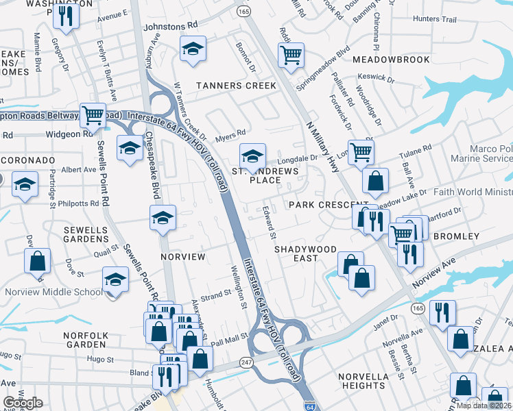 map of restaurants, bars, coffee shops, grocery stores, and more near 6455 Edward Street in Norfolk