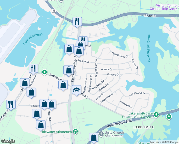 map of restaurants, bars, coffee shops, grocery stores, and more near 5617 Odessa Drive in Virginia Beach