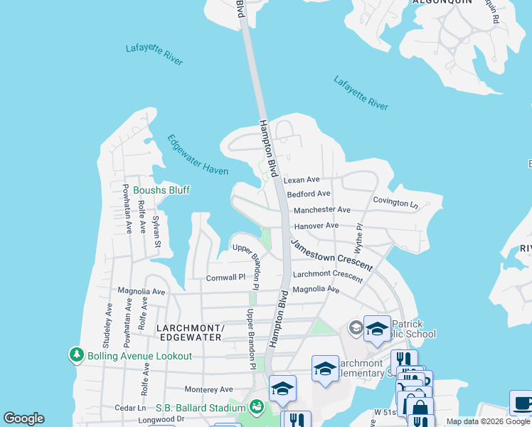 map of restaurants, bars, coffee shops, grocery stores, and more near 6205 Hampton Boulevard in Norfolk