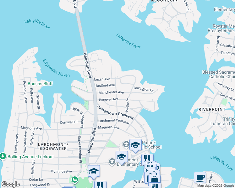 map of restaurants, bars, coffee shops, grocery stores, and more near 1104 Hanover Avenue in Norfolk