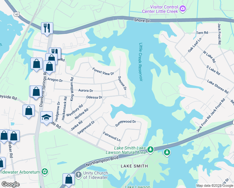 map of restaurants, bars, coffee shops, grocery stores, and more near 1701 Birchwood Road in Virginia Beach