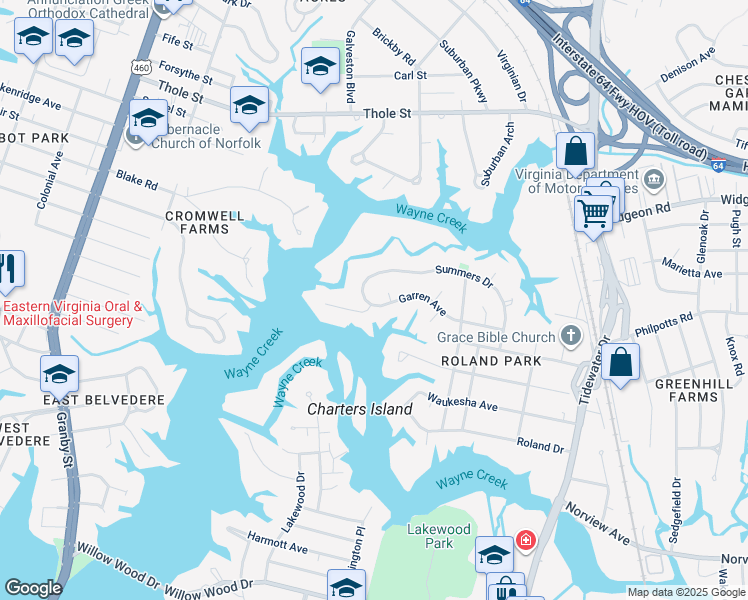 map of restaurants, bars, coffee shops, grocery stores, and more near 510 Garren Avenue in Norfolk