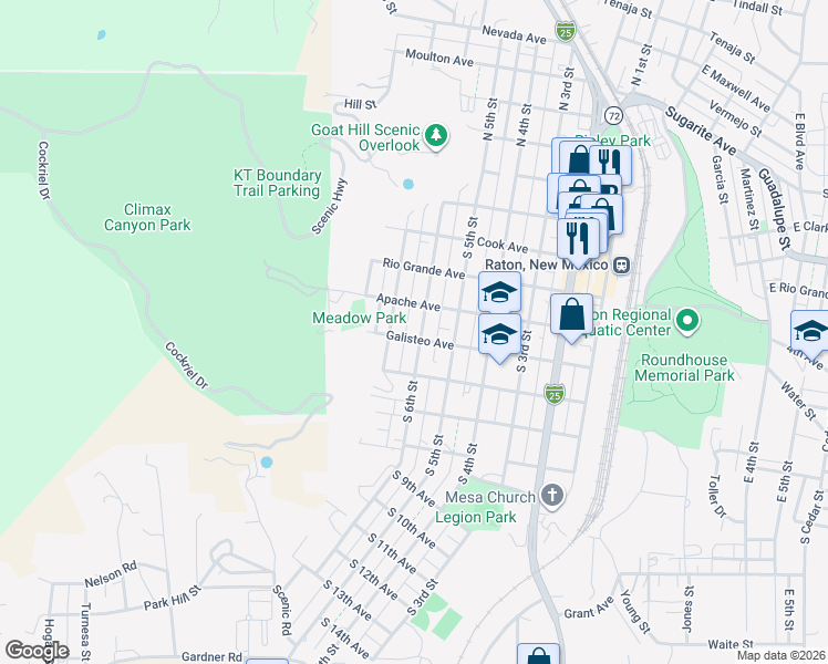 map of restaurants, bars, coffee shops, grocery stores, and more near 641 Galisteo Avenue in Raton